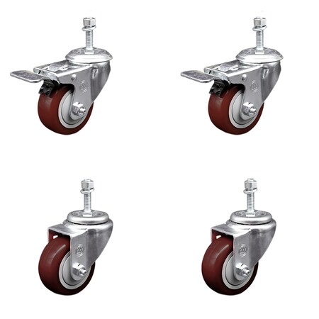 Service Caster 3.5 Inch SS Maroon Poly 3/8 Inch Threaded Stem Caster Total Lock Brake SCC, 2PK SSTSTTL20S3514-PPUB-MRN-381615-2-S-2